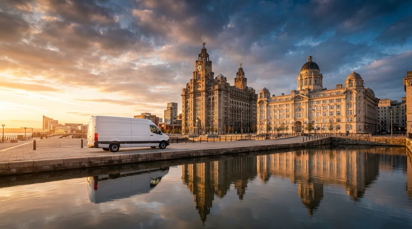 Liverpool Pier Head waterfront at golden hour, the backdrop for local man and van removals across Liverpool